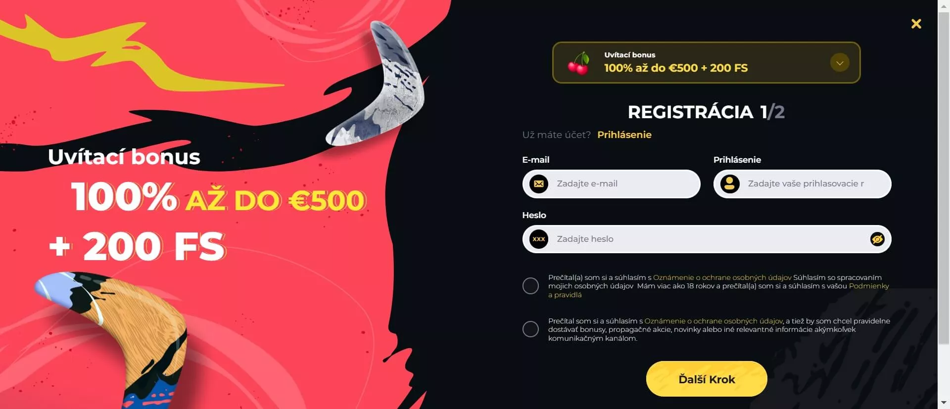 Registrácia do kasína Boomerang