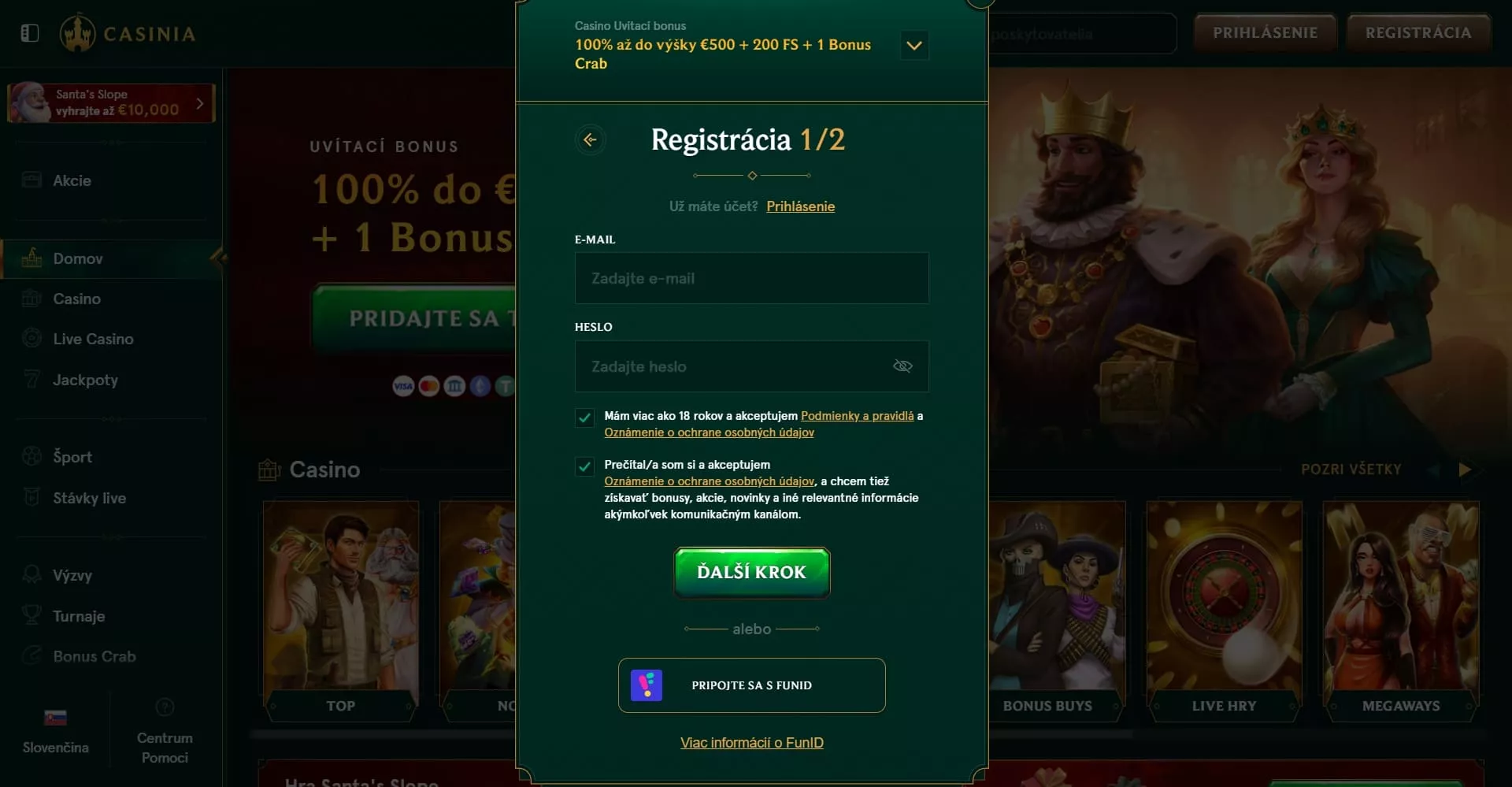 Casinia registrácia