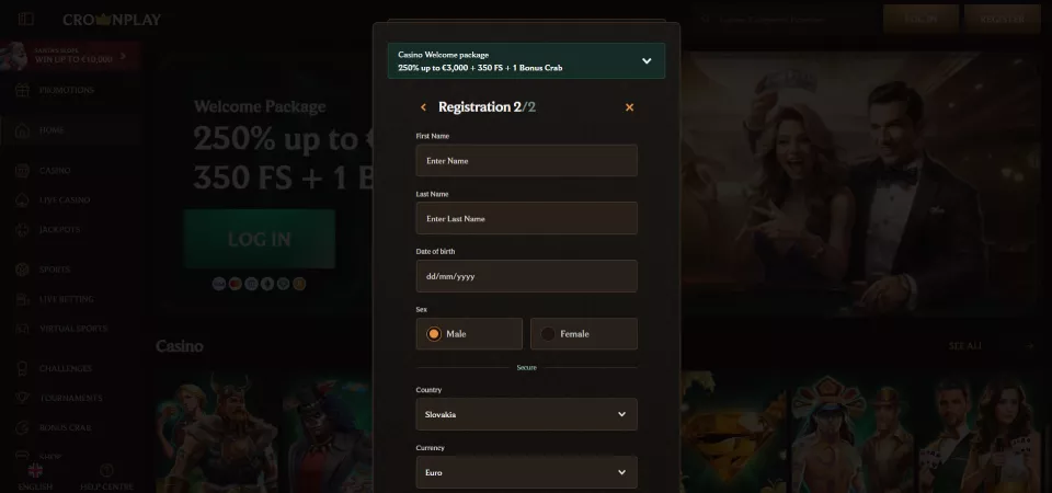 Registračná stránka CrownPlay Casino