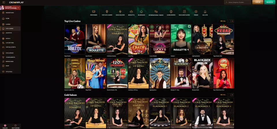 Stránka živého kasína CrownPlay Casino