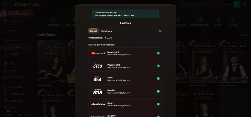 Vklady stránka CrownPlay Casino