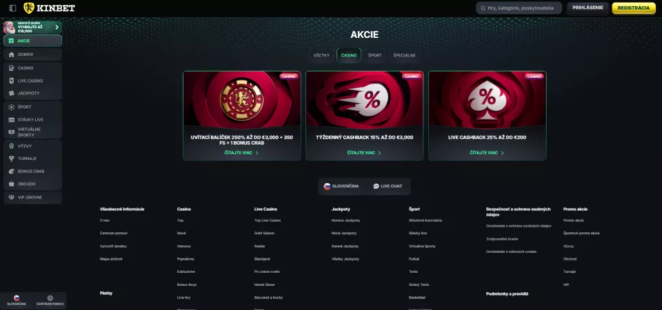 Propagačné akcie stránka Kinbet Casino