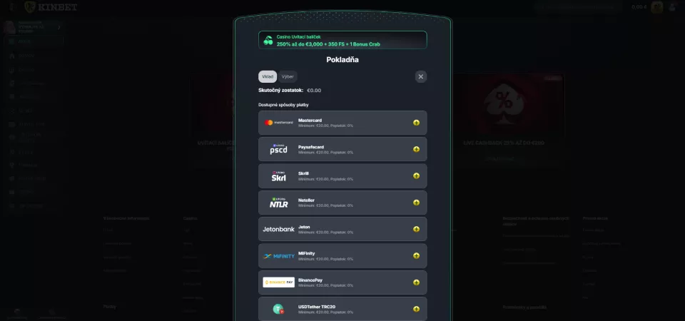 Vklady stránka Kinbet Casino