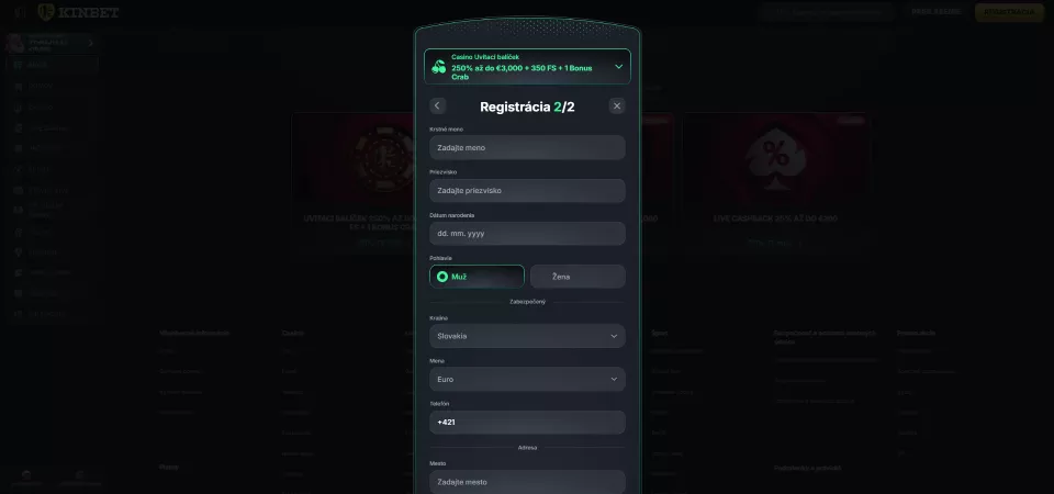 Registračná stránka Kinbet Casino