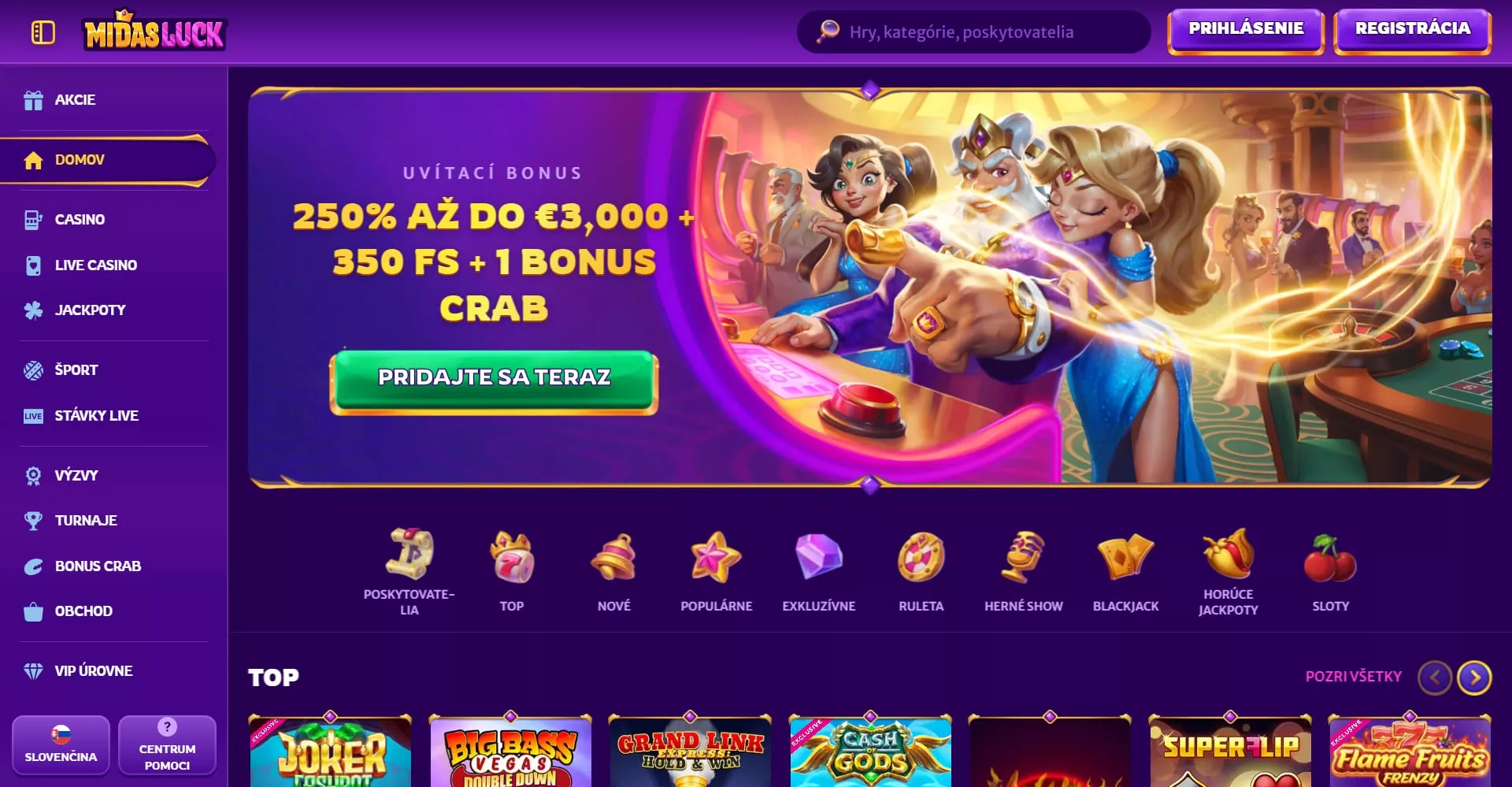 Midasluck hlavná stránka