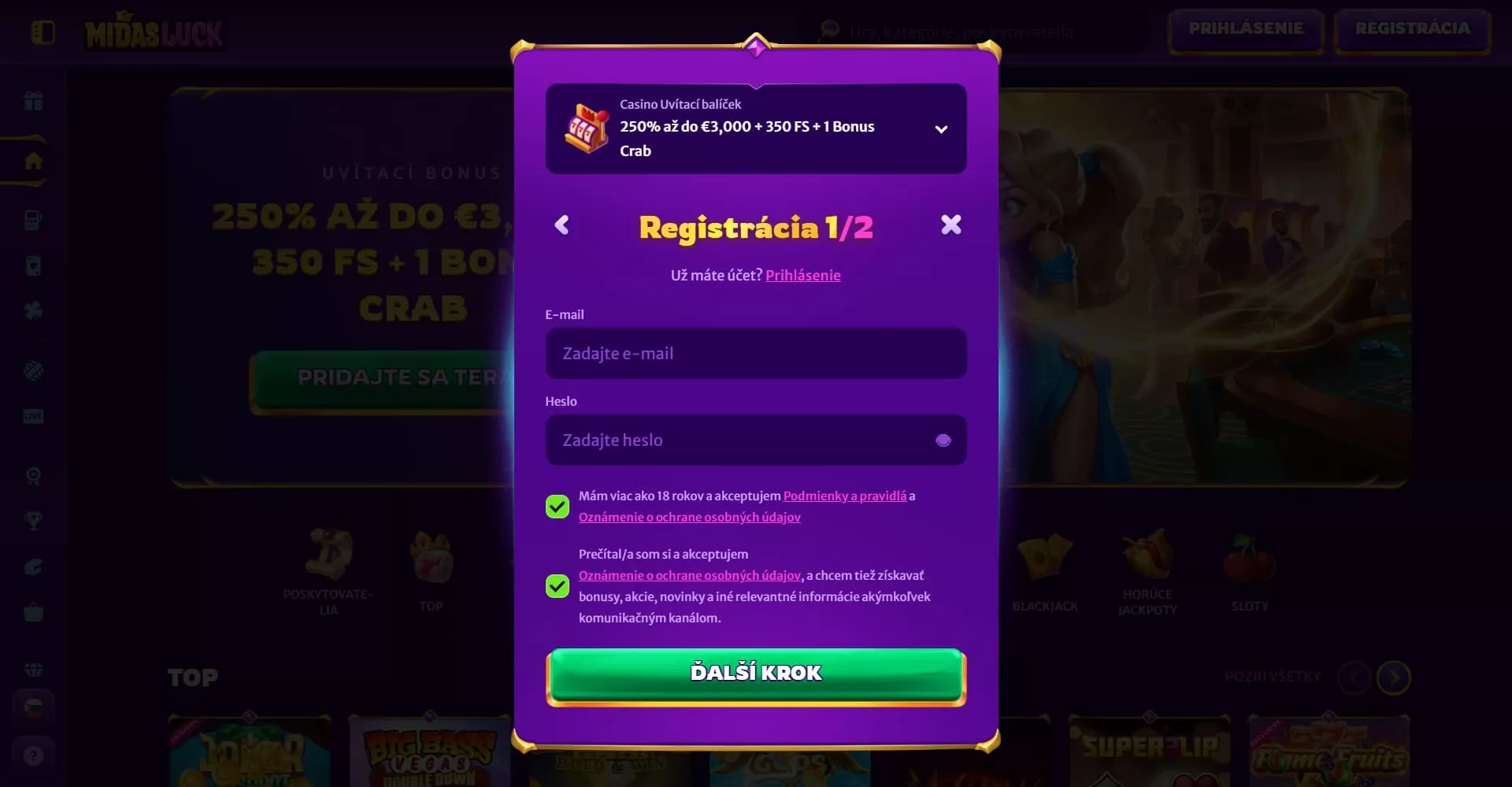 Midasluck registrácia